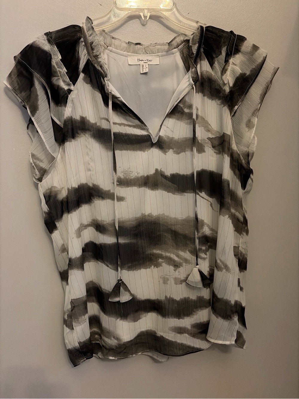 Handkerchief Hem Tie-Front Blouse in Black & White by Haute Monde